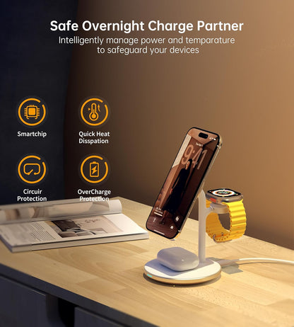 XooFly 3 in 1 Wireless Charging Station for Apple Devices, Fast Wireless Mag-Safe Charger Stand with 20W Adapter for iPhone 17 16 15 14 13 12 Pro Max/Air/Plus/Pro,iWatch,AirPods-Gift for Wife&Husband
