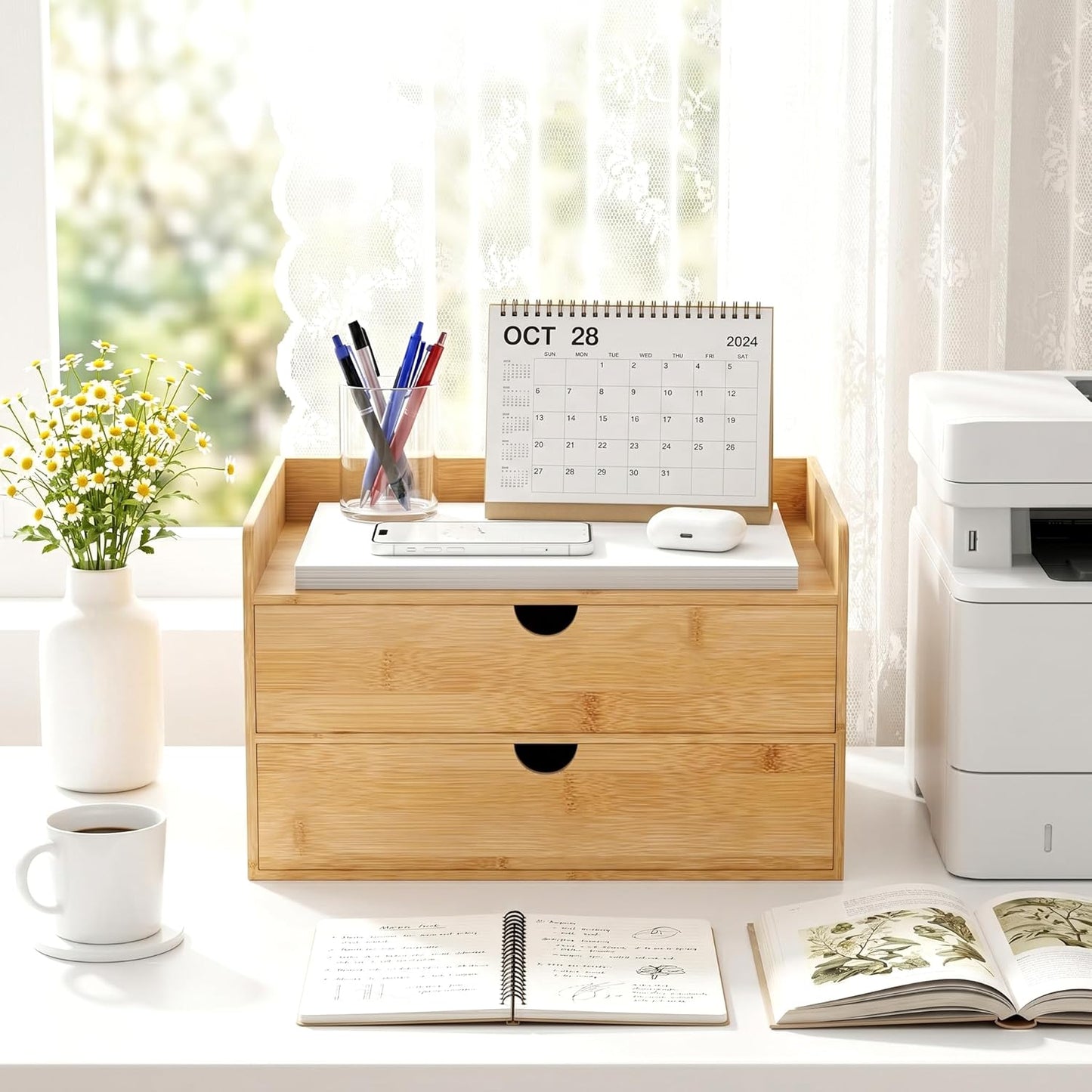 Desk Organizer with Drawers - Bamboo Desktop Organizer Storage | Wood Desk Drawers Organizer for Bills, Office Supplies, Cosmetics, Seals No Assembly Required (3 Drawer with Big Drawer)