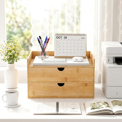 Desk Organizer with Drawers - Bamboo Desktop Organizer Storage | Wood Desk Drawers Organizer for Bills, Office Supplies, Cosmetics, Seals No Assembly Required (3 Drawer with Big Drawer)
