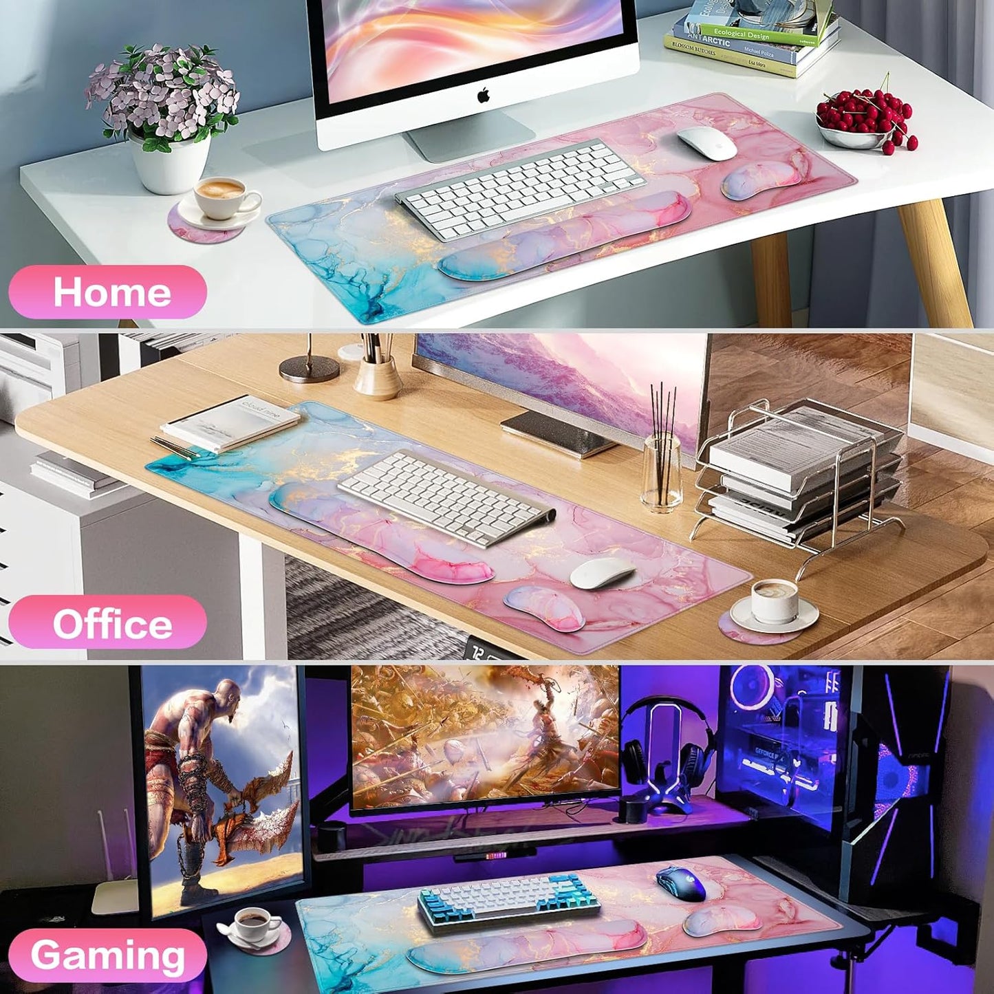Desk Mat, Large Gaming Mouse Pad with Wrist Rest, 4in1 XXL Mousepad+Keyboard Wrist Rest+Mouse Pad Wrist Support+Cup Coaster Set Ergonomic Floral Computer Desk Arm Wrist for Decor Home Office Women