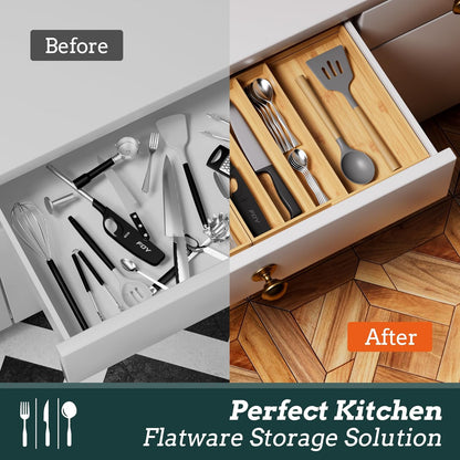 Silverware Organizer Large, Magnetic Connected Expandable 13 Slots Silverware Drawer Organizer From 21 to 37.4 Inches, Adjustable Flatware and Cutlery Holder, Bamboo Utensil Tray for Kitchen Natural