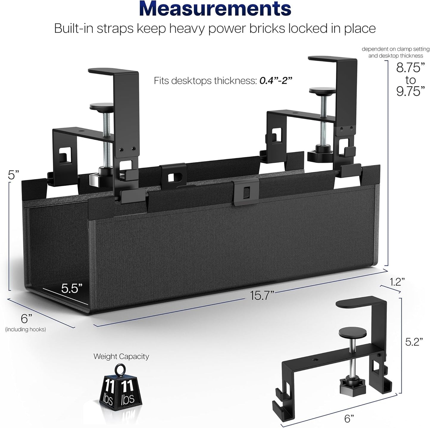 VIVO Clamp-on Under Desk 31 inch Fabric Cable Management Tray, Wire Concealer, Power Strip Storage, Workspace Organization, Easy Fold Down Access, Black, DESK-AC31F-C