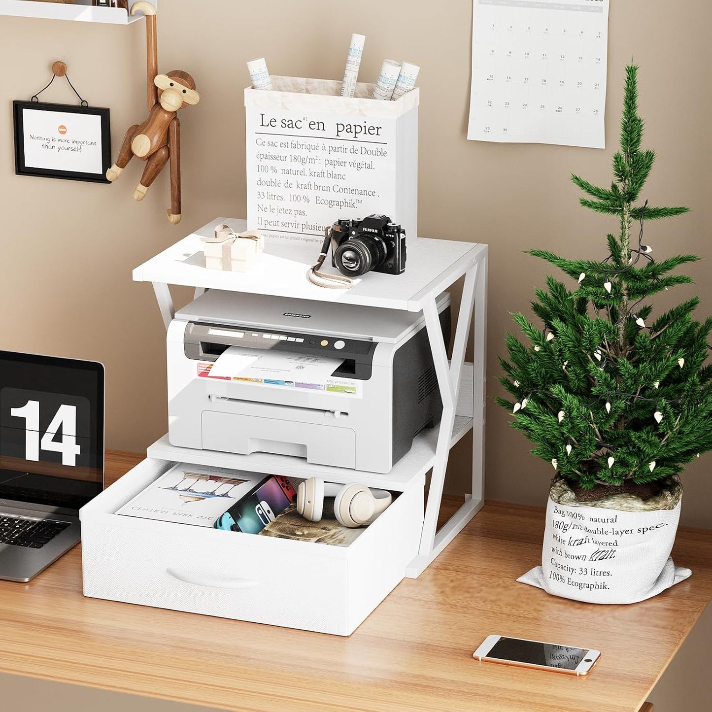 aboxoo Printer Stand for Desk with Storage Drawer, 2 Tier Desktop Or UnderDesk Shelf, Multi-Purpose Desk Organizer for Home Office, fit Fax Machine/3D Printer/Scanner, Rustic Brown