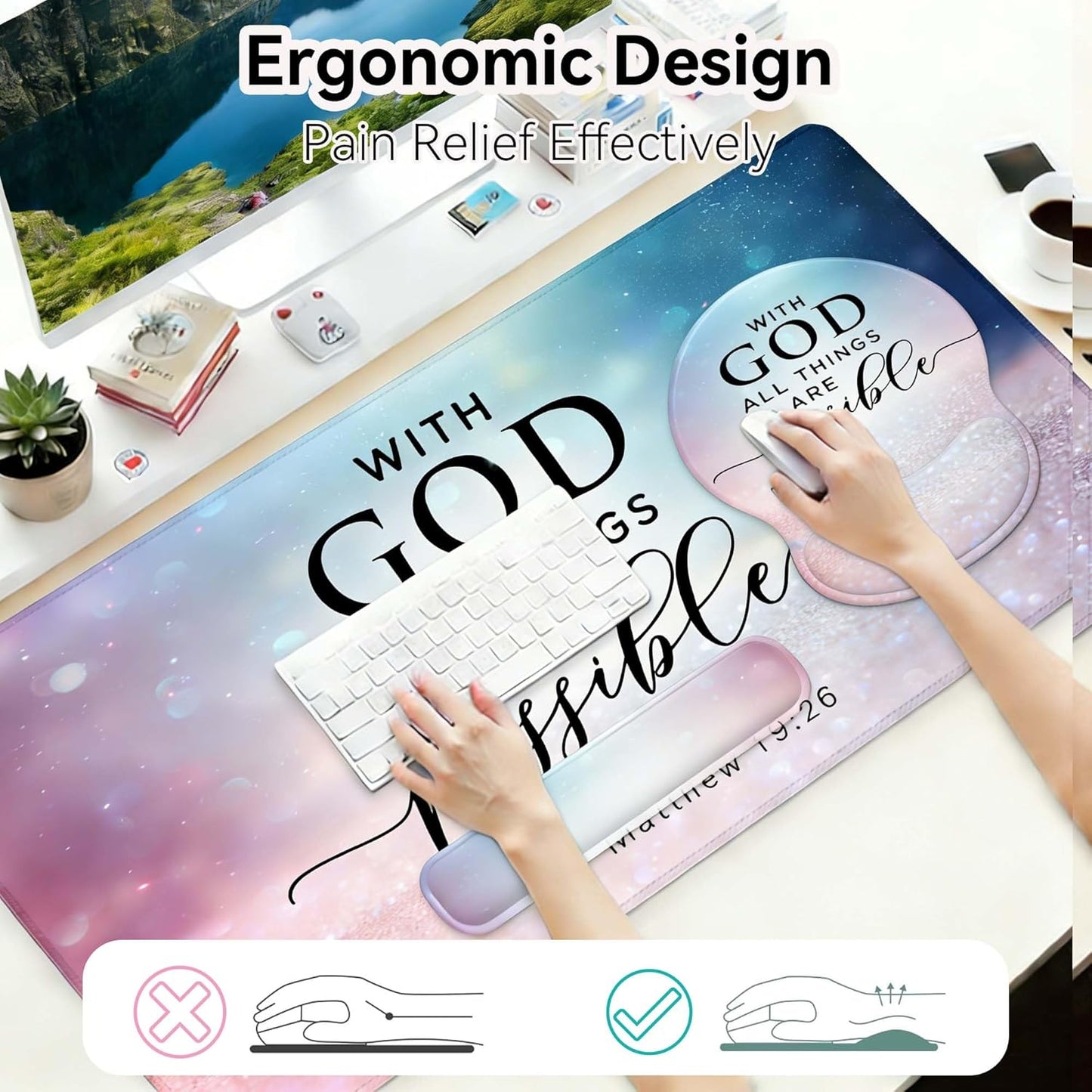 Desk Mat Set + Keyboard and Mouse Pad with Wrist Rest Support,4-in-1 Large Mousepad Computer Mats for Desktop Home & Office-Purple Butterflies