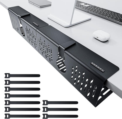 NODOCA No Drill Under Desk Cable Management Tray, 14'' Wire Management, Punch-Free Clamp on, Metal Cable Tray, Wire Organizer Under Desk, Under Desk Basket for Office and Home, Black
