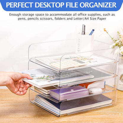 CiWiVOKi Set of 4 Office Organization and Storage, Clear PET Letter Tray Desk Organizer, Stackable Paper Tray Organizer for Desk Accessories, Notes, Pens, File Paper, Document