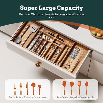 Silverware Organizer Large, Magnetic Connected Expandable 13 Slots Silverware Drawer Organizer From 21 to 37.4 Inches, Adjustable Flatware and Cutlery Holder, Bamboo Utensil Tray for Kitchen Natural