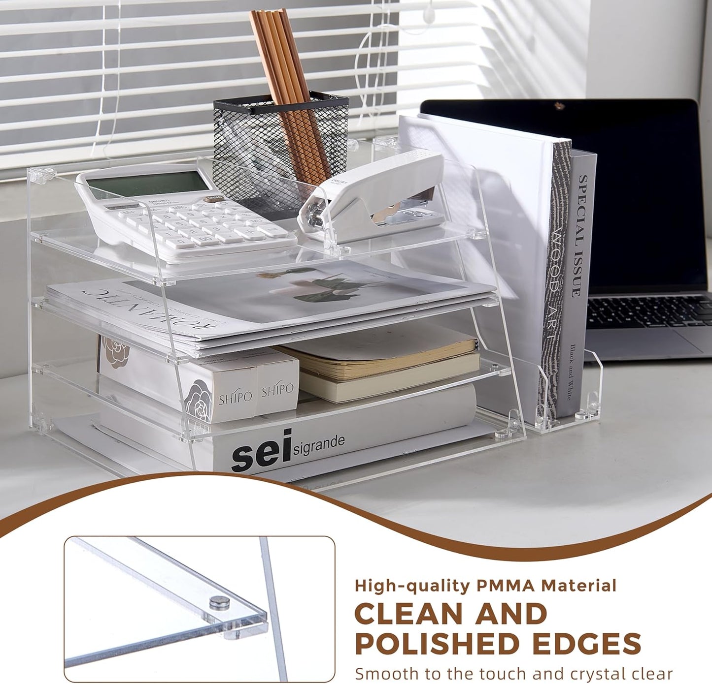 Acrylic Desk Organizer - 4-Tier Tray with Vertical File Holder for Books, Stationary, Letter, Magazines, Documents, and File Organizer - Durable Space Saving Storage, For Home and Office