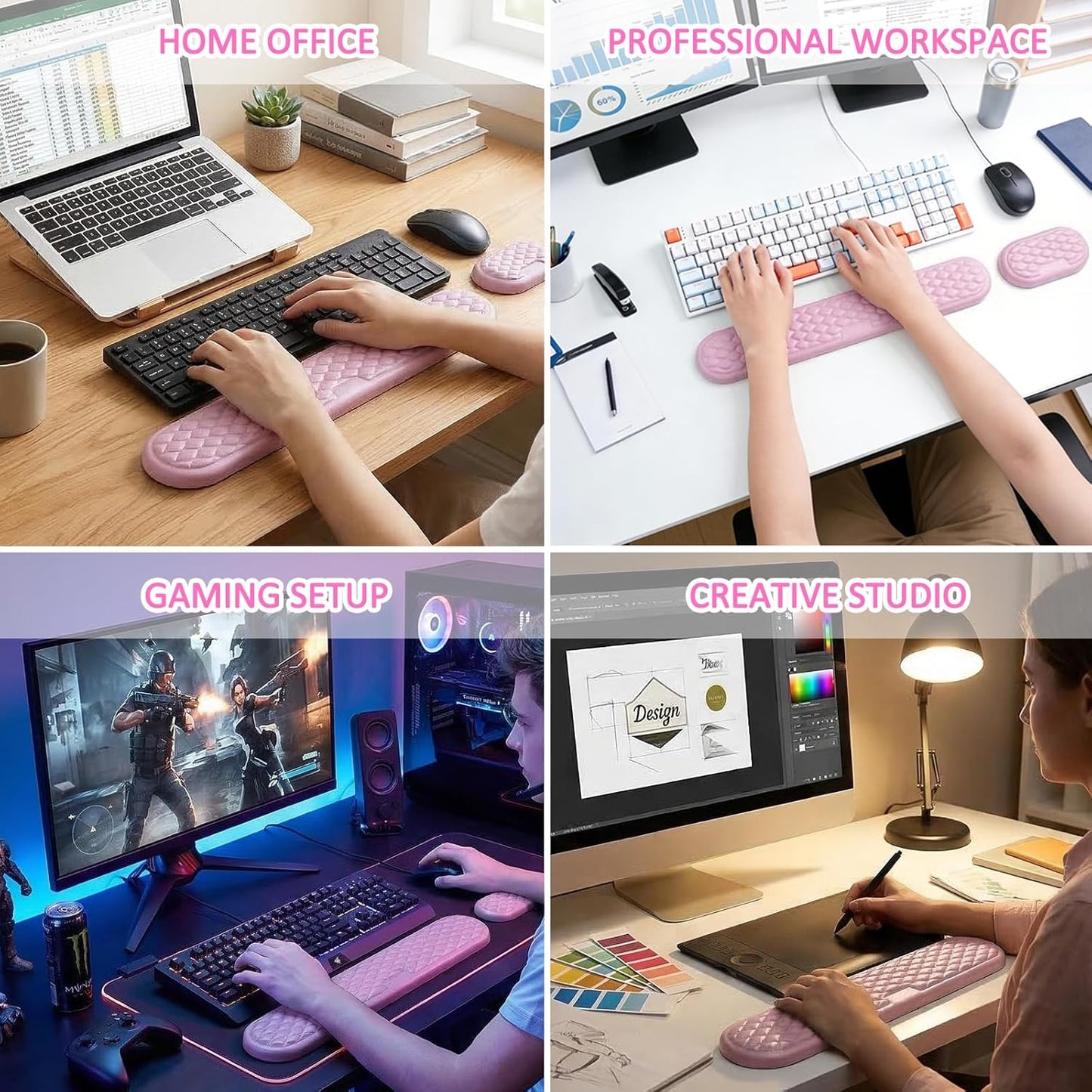 Ergonomic Keyboard and Mouse Wrist Rest Set - Memory Foam Support Pads, Non-Slip Desk Accessories for Office, Home, Gaming, Reduces Fatigue & Strain,Black