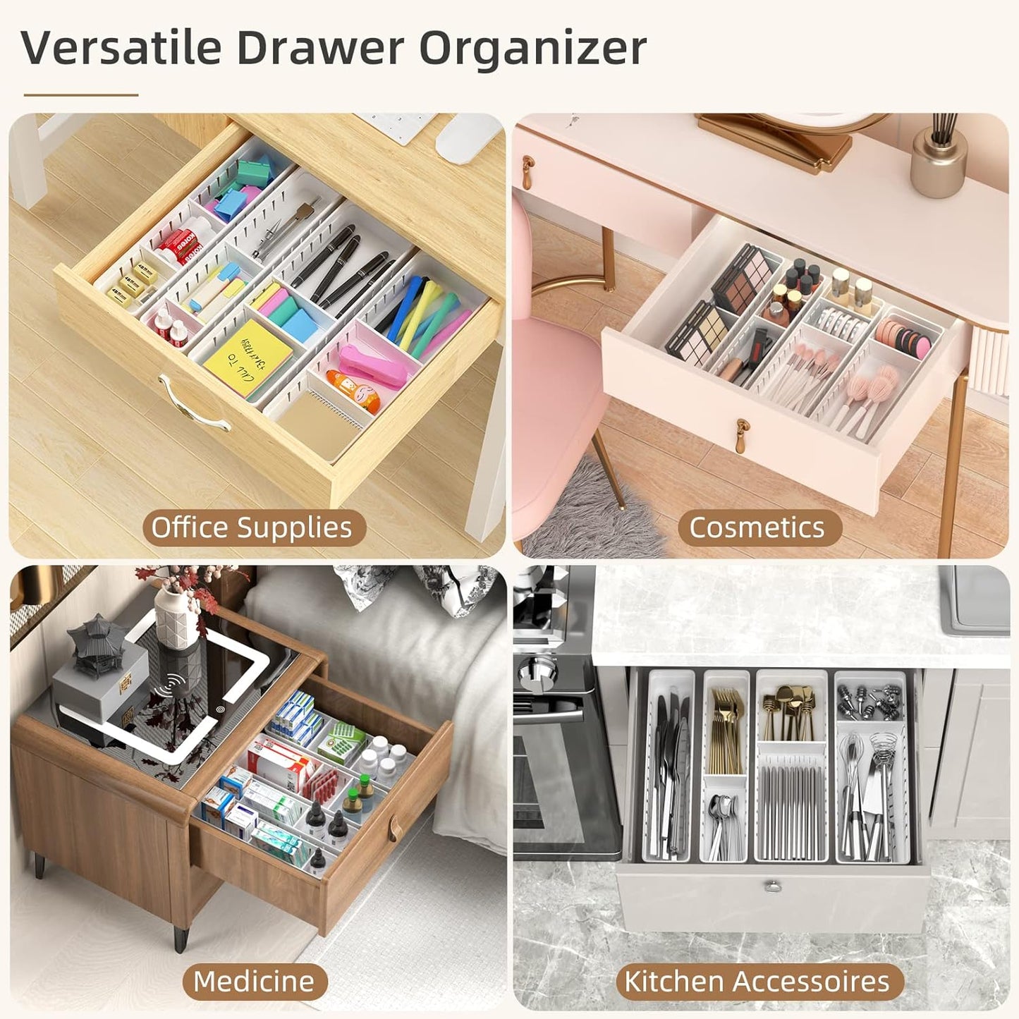 Desk Drawer Organizer Tray, 4 Pack Expandable Drawer Organizer with Dividers Adjustable, Bathroom Organizer Bins for Junk, Office, Makeup, Kitchen Utensil