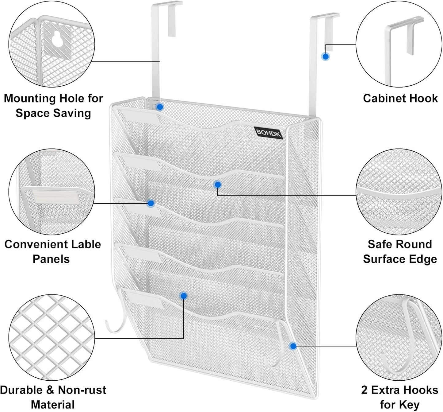 BOHDK Wall File Organizer, 6 Tier Hanging File Folder Mail Organizer, Vertical Mesh Metal Wall Mount Hanging File Holder, Paper Document Magazine Rack for Home Office Black