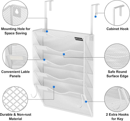 BOHDK Wall File Organizer, 6 Tier Hanging File Folder Mail Organizer, Vertical Mesh Metal Wall Mount Hanging File Holder, Paper Document Magazine Rack for Home Office Black