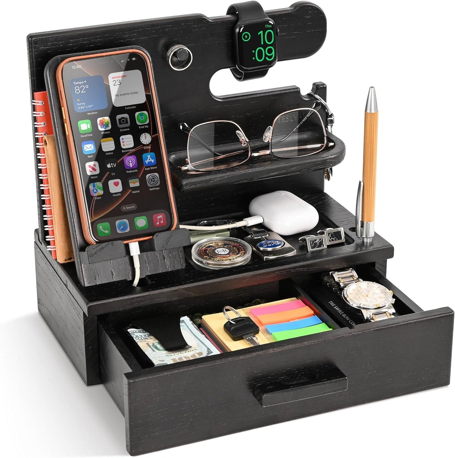 TESLYAR Wood Phone Docking Station with Drawer - Nightstand Organizer - Desk Organizer for Husband - Birthday Gifts for Men, Dad, Anniversary Idea, Key Holder Stand Watch & Accessories (Antique Brown)