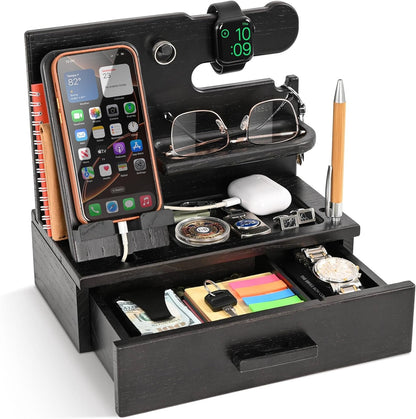 TESLYAR Wood Phone Docking Station with Drawer - Nightstand Organizer - Desk Organizer for Husband - Birthday Gifts for Men, Dad, Anniversary Idea, Key Holder Stand Watch & Accessories (Antique Brown)