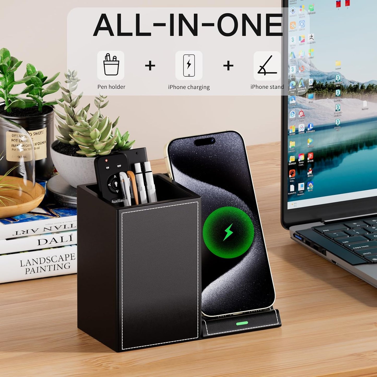 Multi-Functional Pencil Holder for Desk, Desk Organizers and Accessories with 4 Compartments for Office Art Supplies,Desk Phone Stand Charger for Desktop/Counter,Wihte Office Storage for Pens, Keys