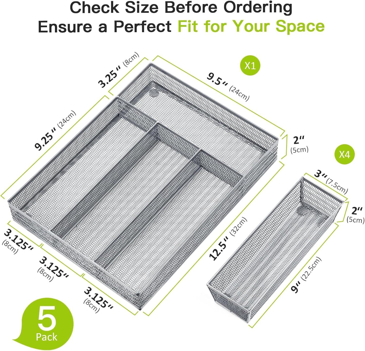 Neudeco Drawer Organizer Set 6 Pack - 5-Compartment Silverware Organizer Tray + 5 Utensil Trays, Kitchen Drawer Organizer for Flatware, Cutlery, Office Supplies, Black Mesh, Non-Slip.