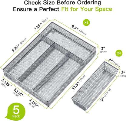 Neudeco Drawer Organizer Set 6 Pack - 5-Compartment Silverware Organizer Tray + 5 Utensil Trays, Kitchen Drawer Organizer for Flatware, Cutlery, Office Supplies, Black Mesh, Non-Slip.