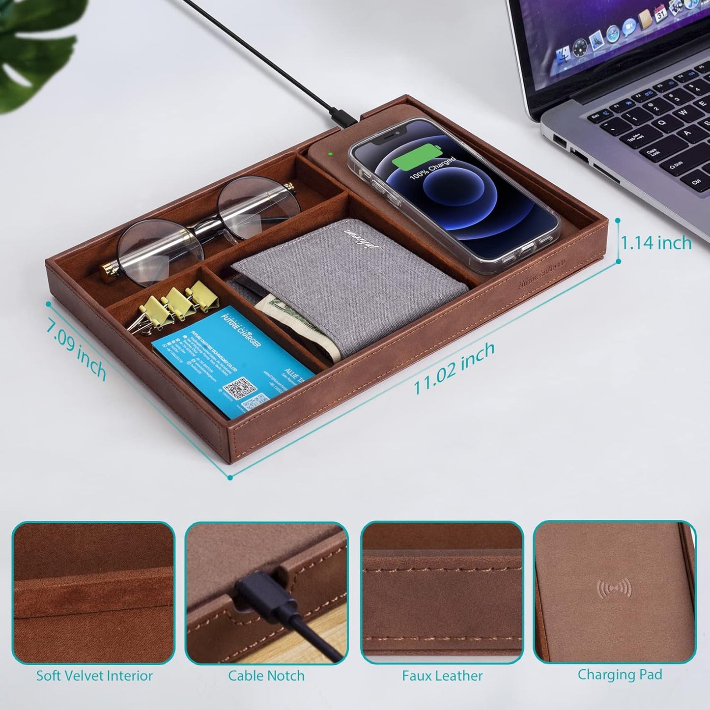 Valet Tray, Built in Wireless Charging Pad, Nightstand Organizer, Dresser Organizer, Mens Jewelry Box, Valet Charging Station, Faux Leather Valet Tray for Men and Women, (Black)
