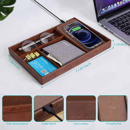 Valet Tray, Built in Wireless Charging Pad, Nightstand Organizer, Dresser Organizer, Mens Jewelry Box, Valet Charging Station, Faux Leather Valet Tray for Men and Women, (Black)