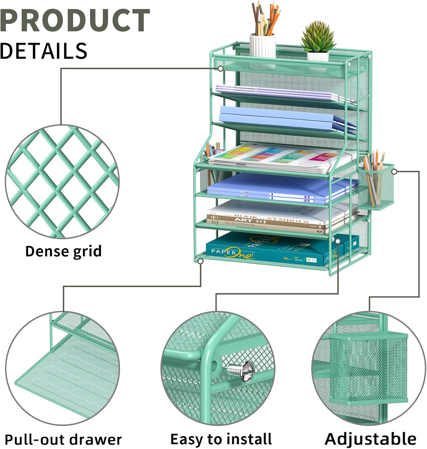 7 Tier Desk File Organizer – Vertical File Organizer for Desk with Removable Pen Holder & Adjustable Pull-out Drawer – Metal Document Organizer for Office, Simple Trending Design – Black