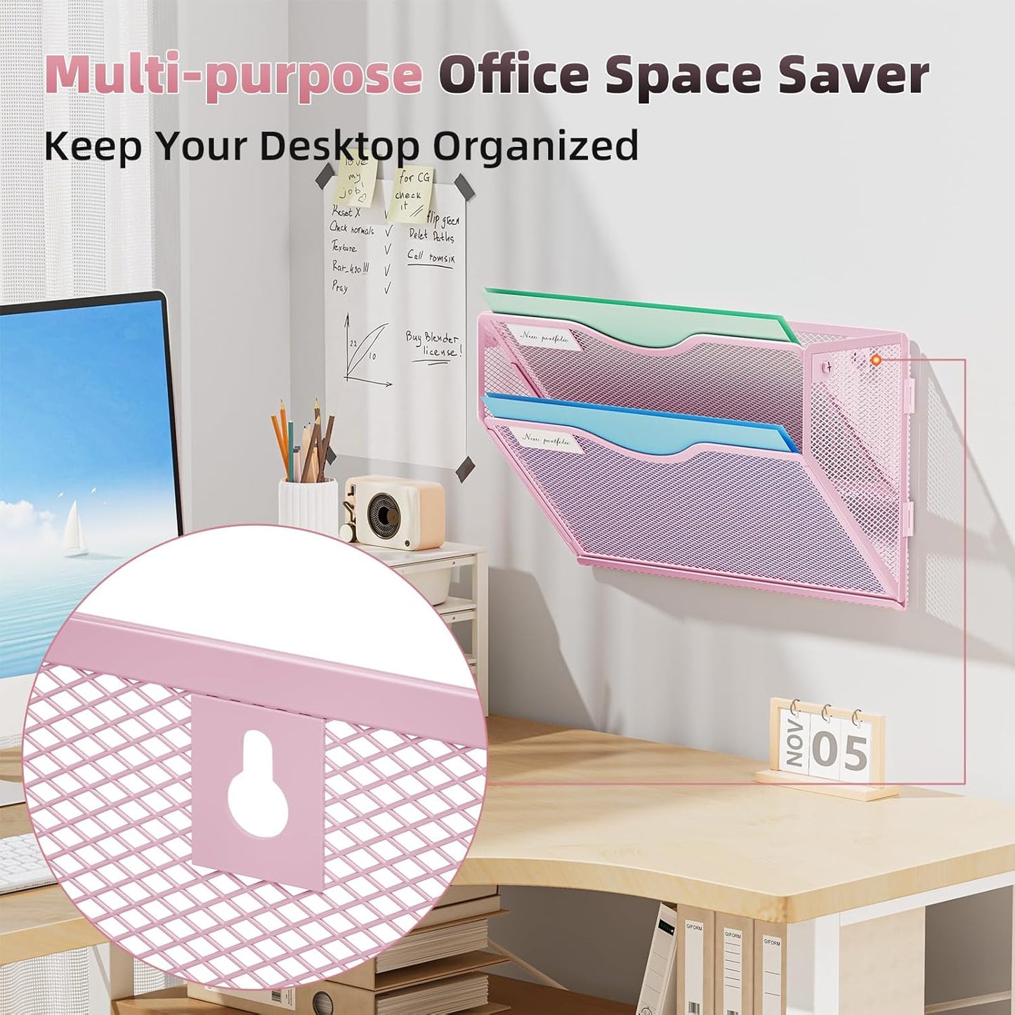 Marbrasse Wall File Holder 2-Tier Hanging Wall File Organizer, Mesh Mail Holder for Papers, Wall Mount File Clipboard & Magazine Organizer Great for Office Home (Black)