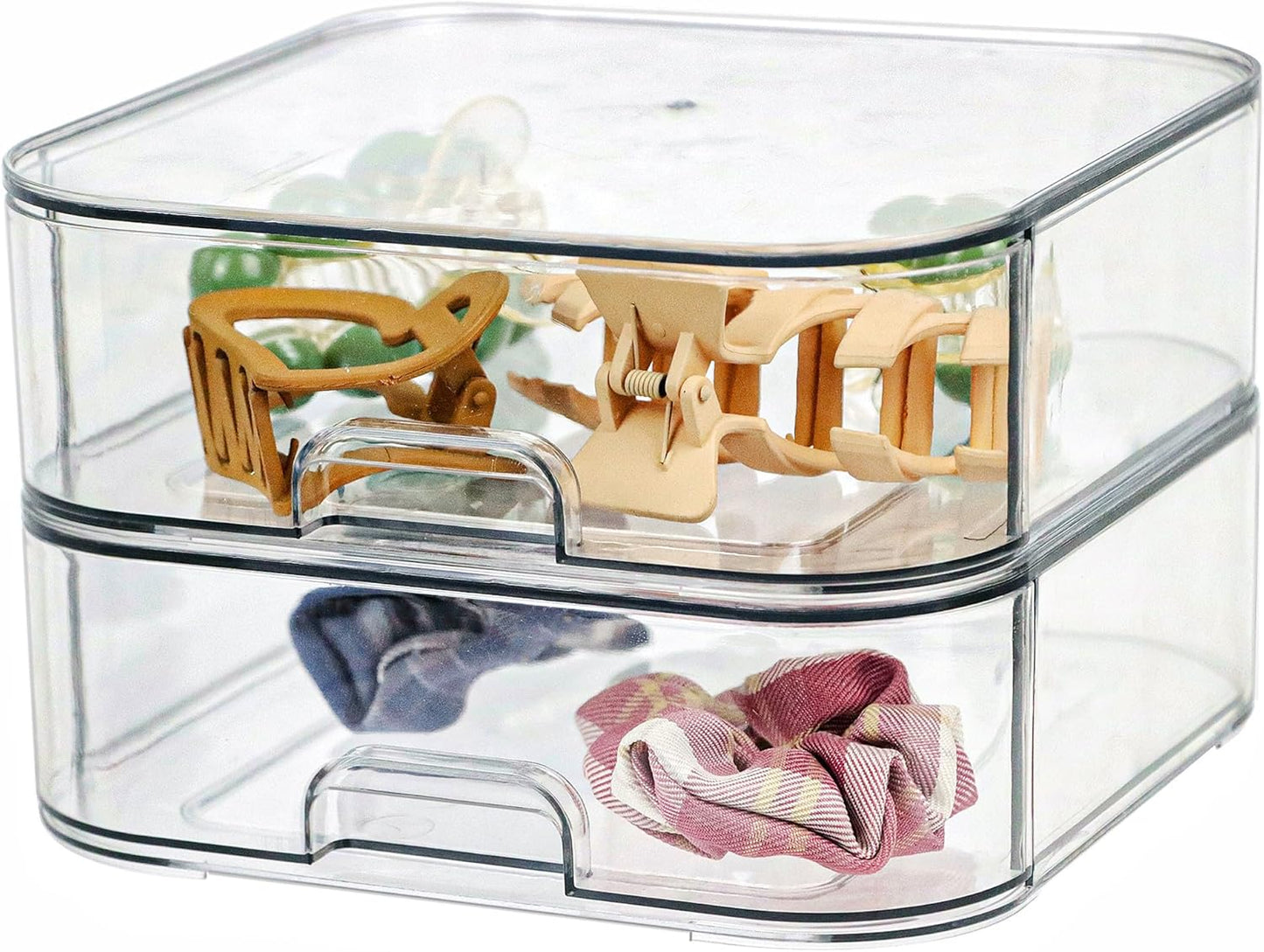 Set of 2 Stackable Storage Drawers - 6.7" Clear Plastic Drawer Storage, Acrylic Makeup Organizer, Desk Counter Cabinet Office Organizer, Bathroom Organizers and Storage (Modern/Set of 2)