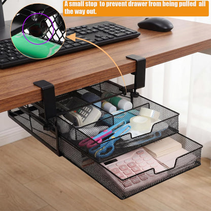 Cedilis Under Desk Drawer Organizer Slide Out, 2-Tier Metal Under Table Storage Drawers Clamp On for Home Office, Black, No Drilling