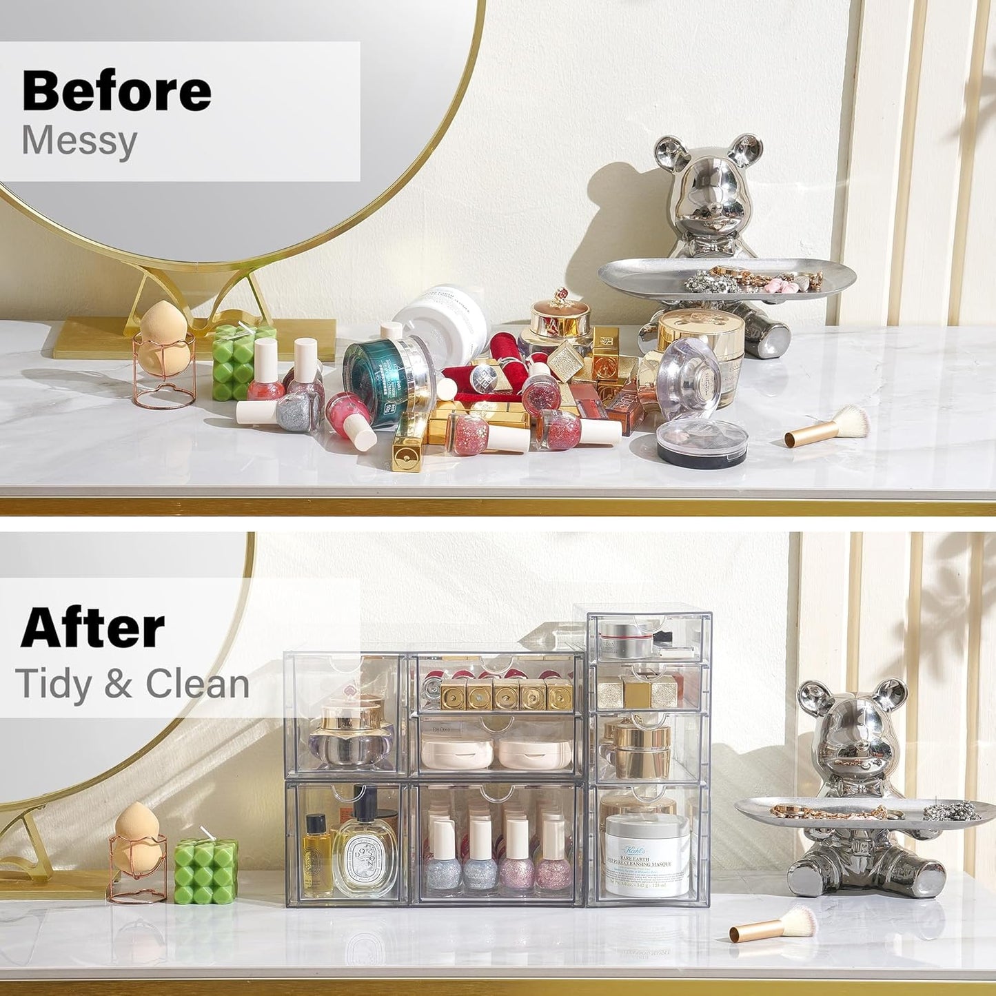 Prsildan Acrylic Makeup Organizer, 2 Pack Stackable Storage Drawers with 6 Drawers for Office Desk Vanity Craft Room Clear Drawer Organizers for Hair Accessories Art Supplies Cosmetics Modular System