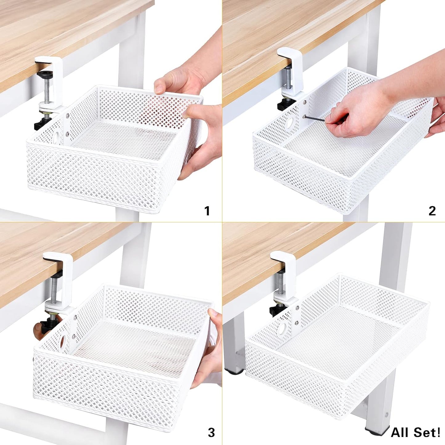 2-Tier Clamp-On Mesh Organizer, Under Desk Storage with Slide-Out Tray, No Drilling Tool-Free Installation, Durable Rust-Resistant Metal, Large-Capacity Organizer.