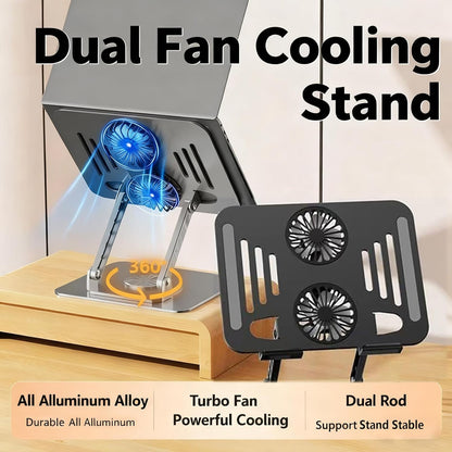 Selbst Laptop Stand for Desk with Quiet Cooling Fans - 360 Rotating Base Ergonomic Computer Stand, Aluminum Laptop Riser Foldable Protable for Office Home fits MacBook Air Pro, Dell, HP (10-17.3'')