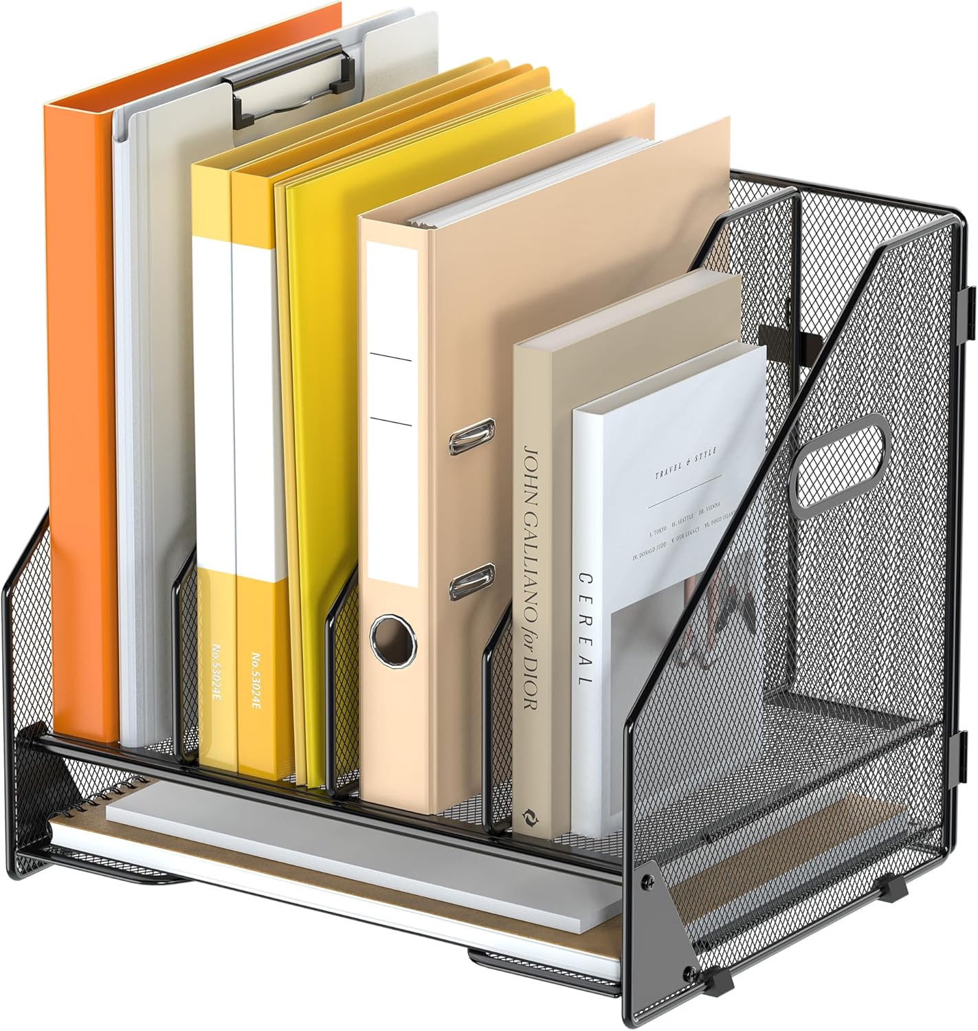 Desk File Folder Holder Organizer-5 Vertical Compartments Racks and Paper Letter Tray,Mesh Magazine File Holder Sorter,Desktop Accessories & Workspace Organizers for Home,Office,School-Black