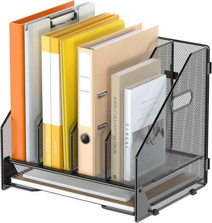 Desk File Folder Holder Organizer-5 Vertical Compartments Racks and Paper Letter Tray,Mesh Magazine File Holder Sorter,Desktop Accessories & Workspace Organizers for Home,Office,School-Black
