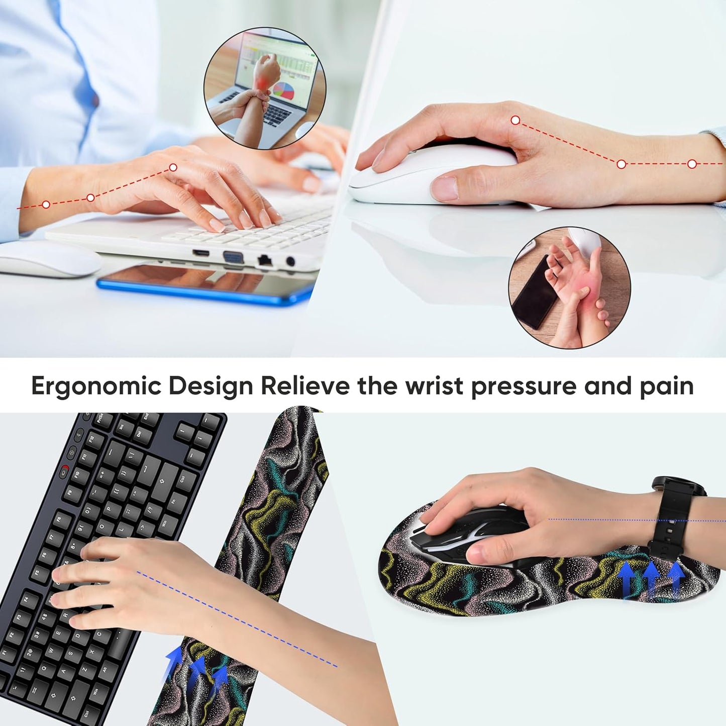 Wrist Rest Support for Mouse Pad Keyboard Set Circle Coaster Gaming Mouse Pad Ergonomic Gel Memory Foam Set for Computer, Laptop, Office, Pain Relief, Comfortably Typing Flowers KM-39