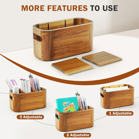 Acacia Wood Pencil Pen Holder for Desk, Wooden Office Organizer with 3 Slots for Countertop, Makeup Brush Holder Remote Control Organizer for School Home Supplies