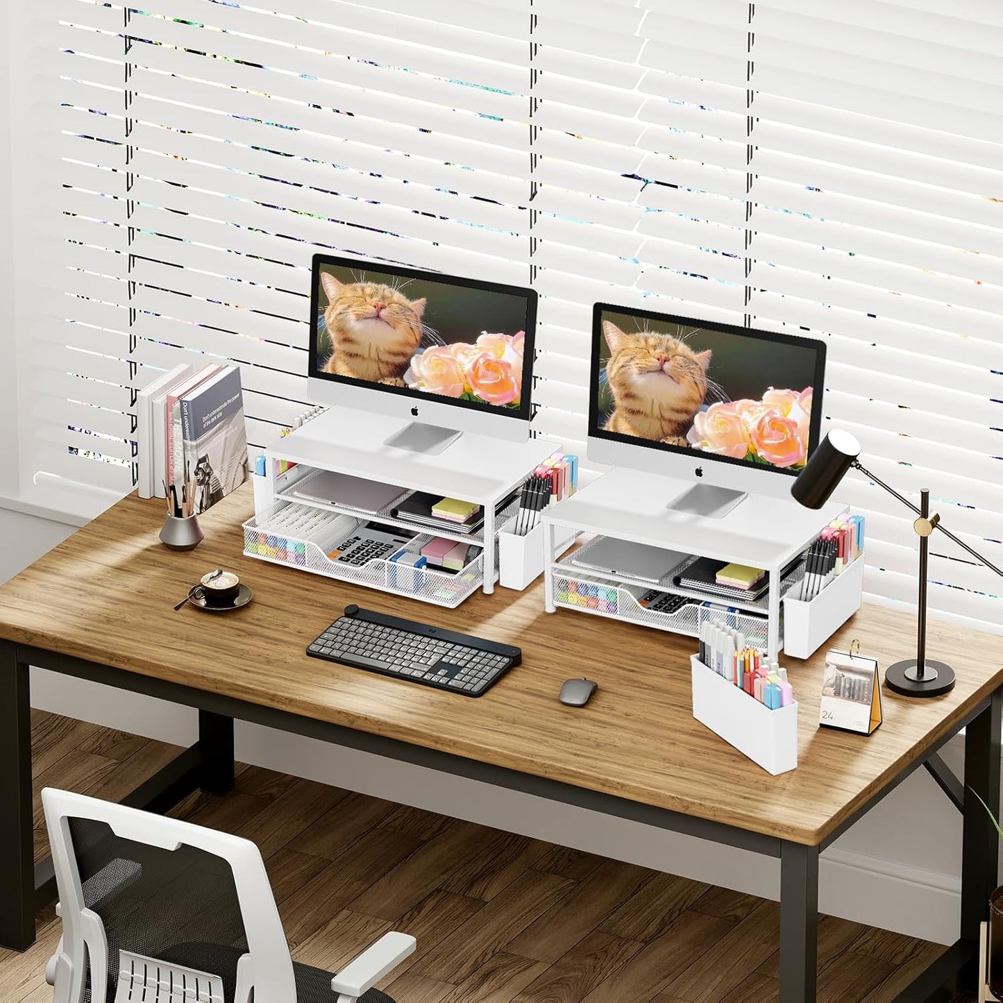 OPNICE Desk Organizers and Accessories, Computer Monitor Stand Riser with Drawer and 2 Pen Holders, Printer & Laptop Stand, Office Desk Accessories & Workspace Organizers for Home Office Supplies, Black