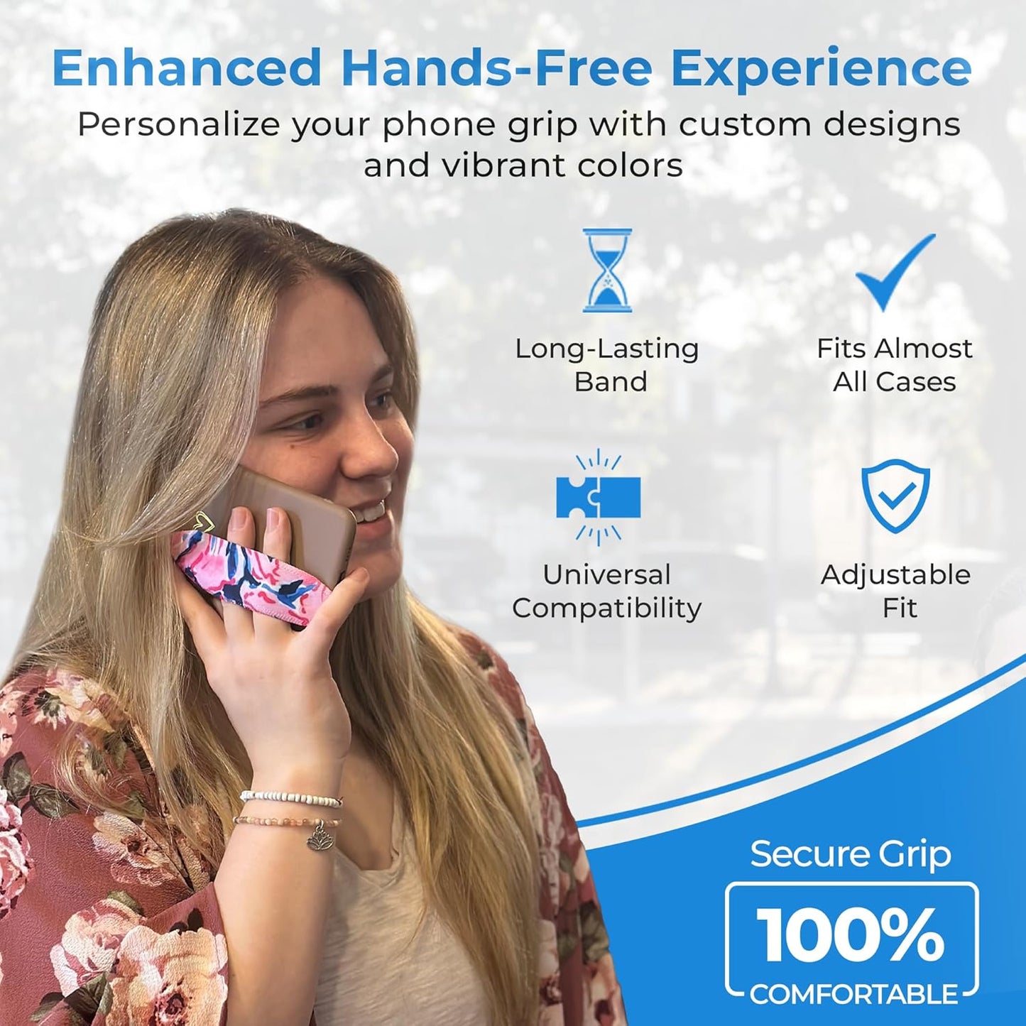 Switchbands Universal Phone Grip Strap – Customizable Phone Holder for Hand, Wireless Charging Safe Phone Handle Grip, Reuseable Phone Strap for iPhone, Samsung & Android Cases - Metallic Rose