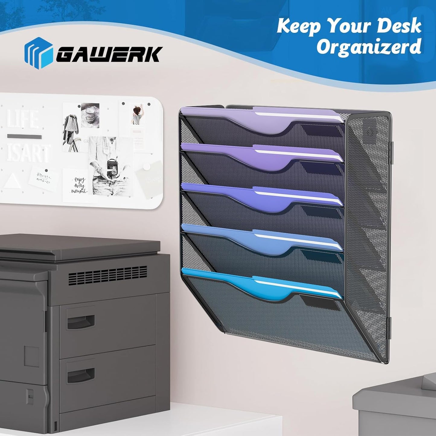Gawerk 5 Tier Hanging Wall File Organizer, Mesh Mail Paper Orgnization Hanging File Folder Holder for Home Office, Black