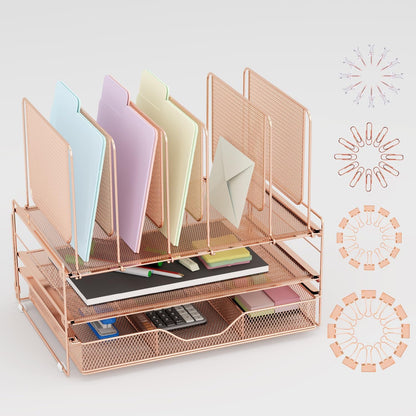 LEKETREE Desk Organizer, Office Organization with Vertical File Holder, File Organizer with Drawer and Pen Holder, Desk Accessories and Workspace Organizers for Home Office (Black)