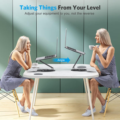 OMOTON Adjustable Laptop Stand with 360 Rotating Base, Ergonomic Laptop Riser for Collaborative Work, Dual Rotary Shaft Fully Foldable for Easy Storage, Fits All Laptops up to 16 inches, Silver