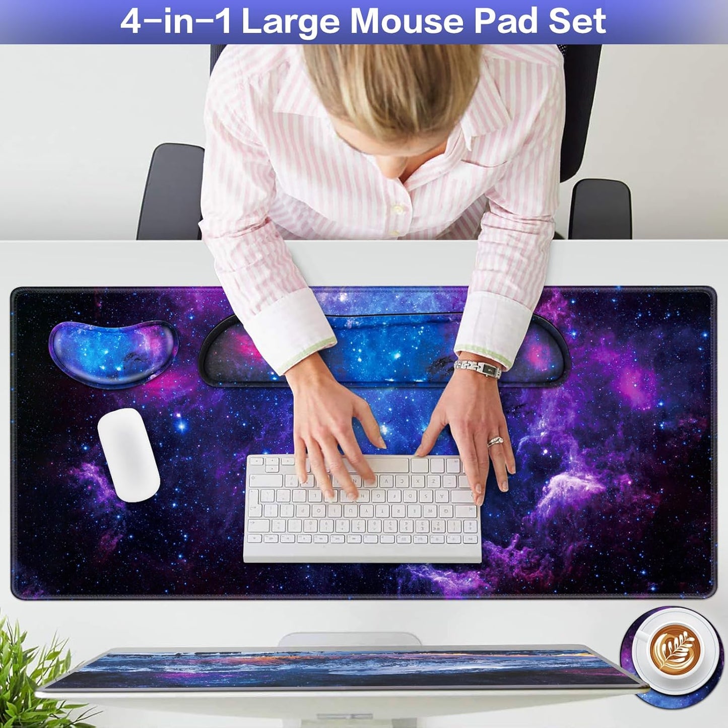 Desk Mat, Large Gaming Mouse Pad with Wrist Rest, 4in1 XXL Mousepad+Keyboard Wrist Rest+Mouse Pad Wrist Support+Cup Coaster Set Ergonomic Floral Computer Desk Arm Wrist for Decor Home Office Women