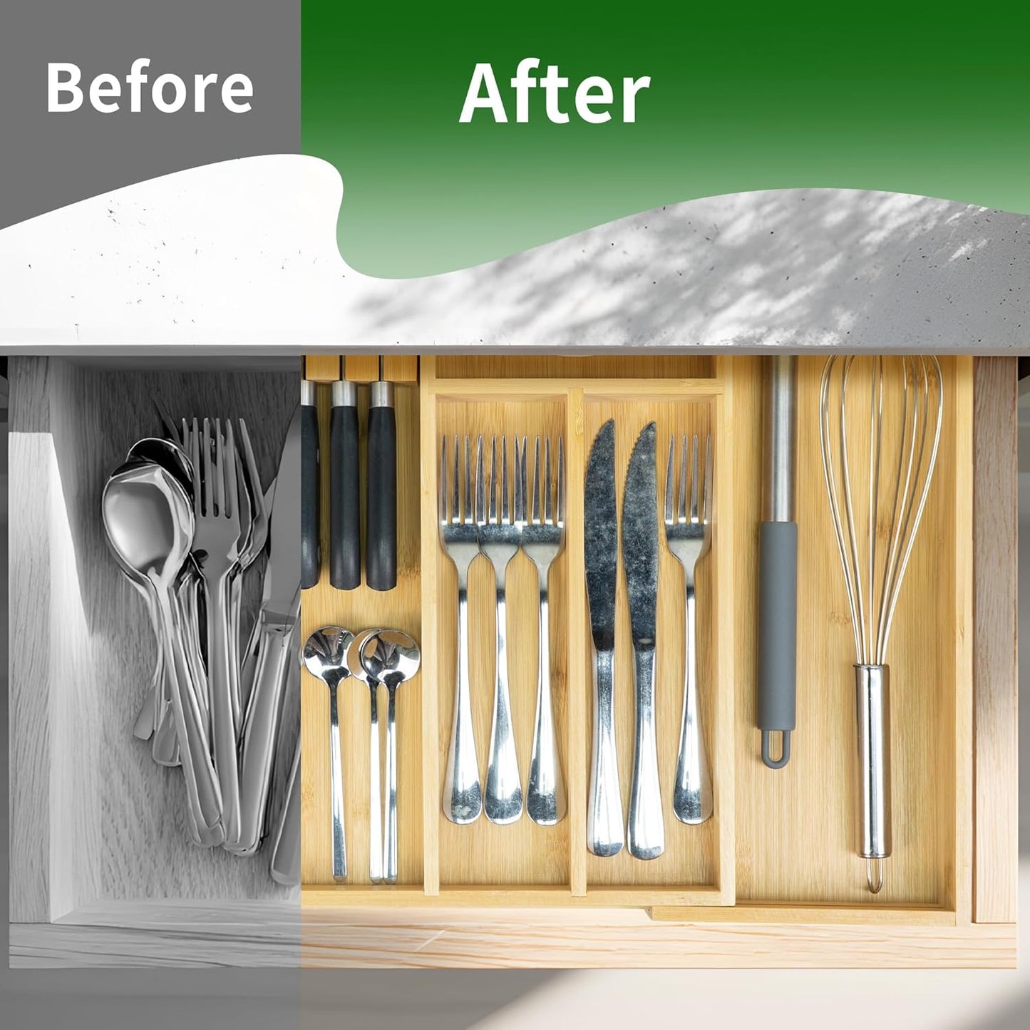 VaeFae Bamboo Silverware Drawer Organizer Kitchen, Expandable Utensil Organizer with Knife Block, Cutlery Tray with Divider, Multifunctional Drawer Organizer