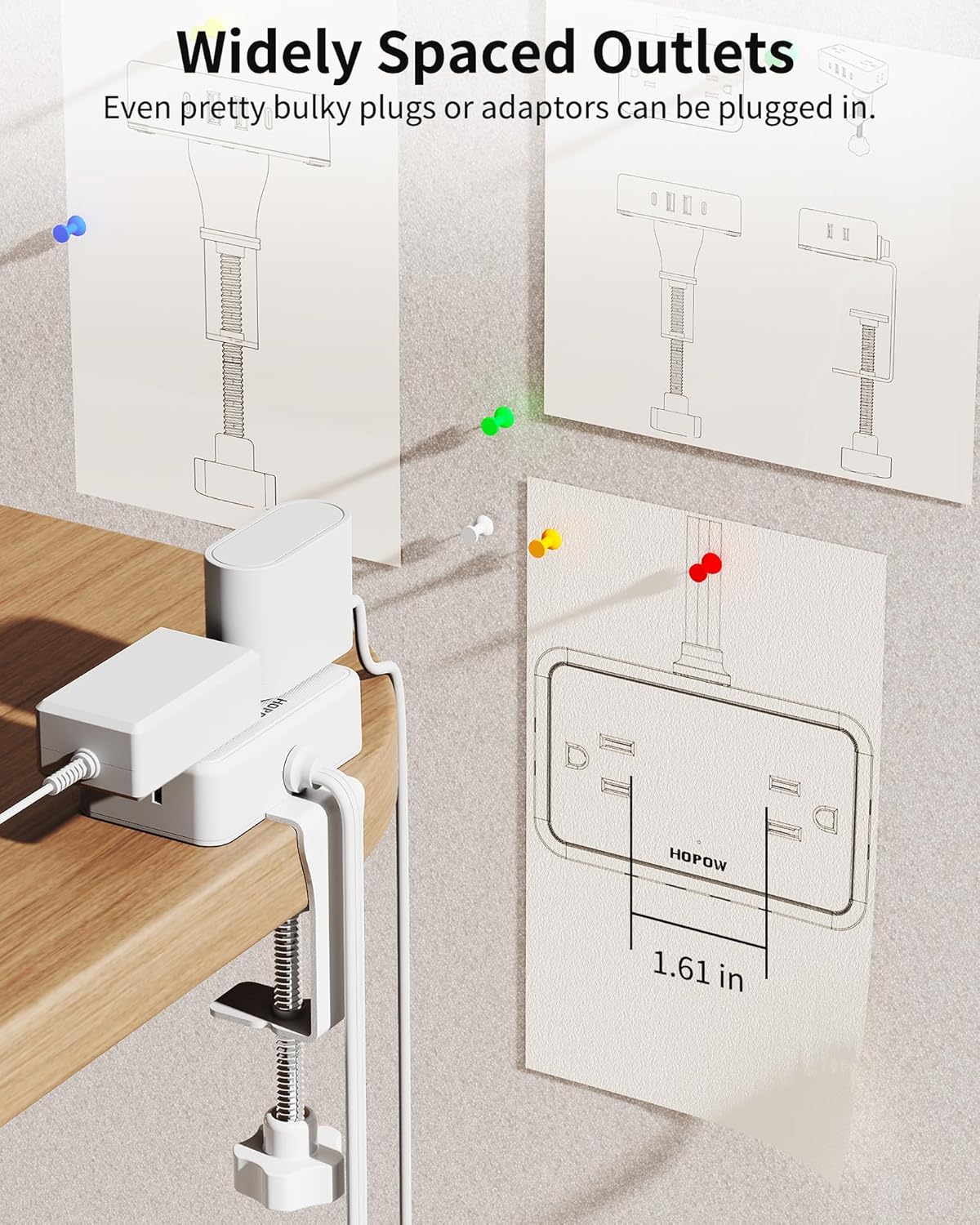 HOPOW Desk Clamp Power Strip, Desktop Mount Charging Station with 4 Outlets 4 USB Ports (2 USB C), 10Ft Under Desk Power Strip, Fits 2.75" Tabletop Edge, Extension Cord for Home Office, Black