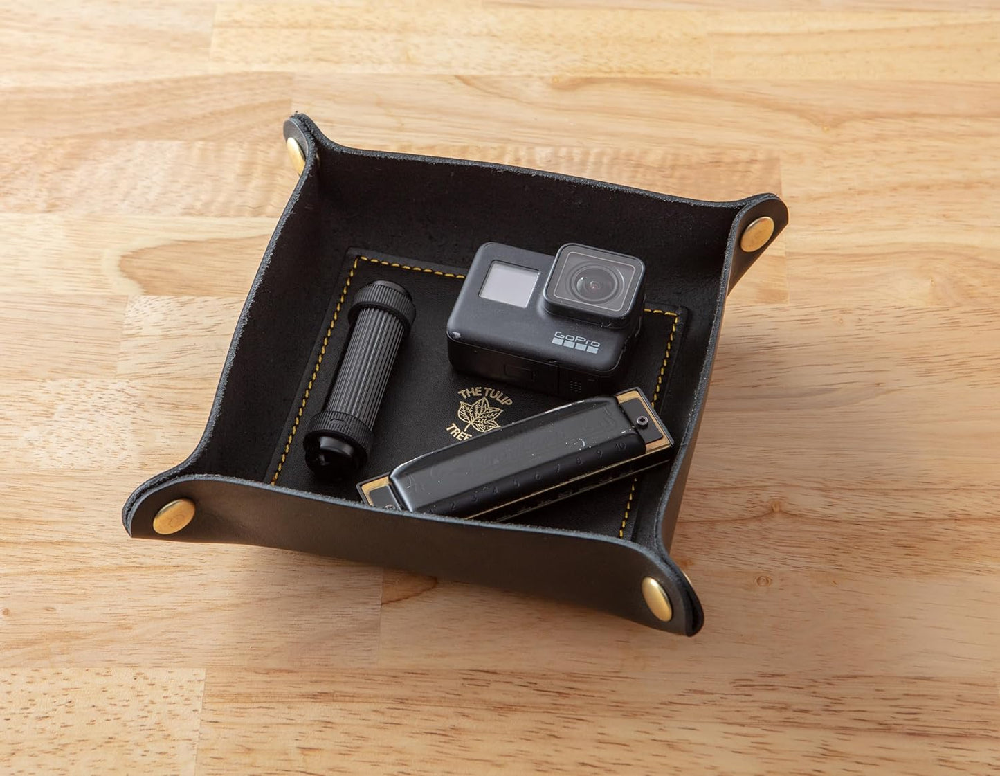 USA Handmade Premium Leather Valet Tray, Folds Flat! Dice Rolling Basket and Organizer with Brass Snaps - Reinforced Base - for Keys, Jewelry, Coin, EDC, Watch Storage Caddy - Black XLarge