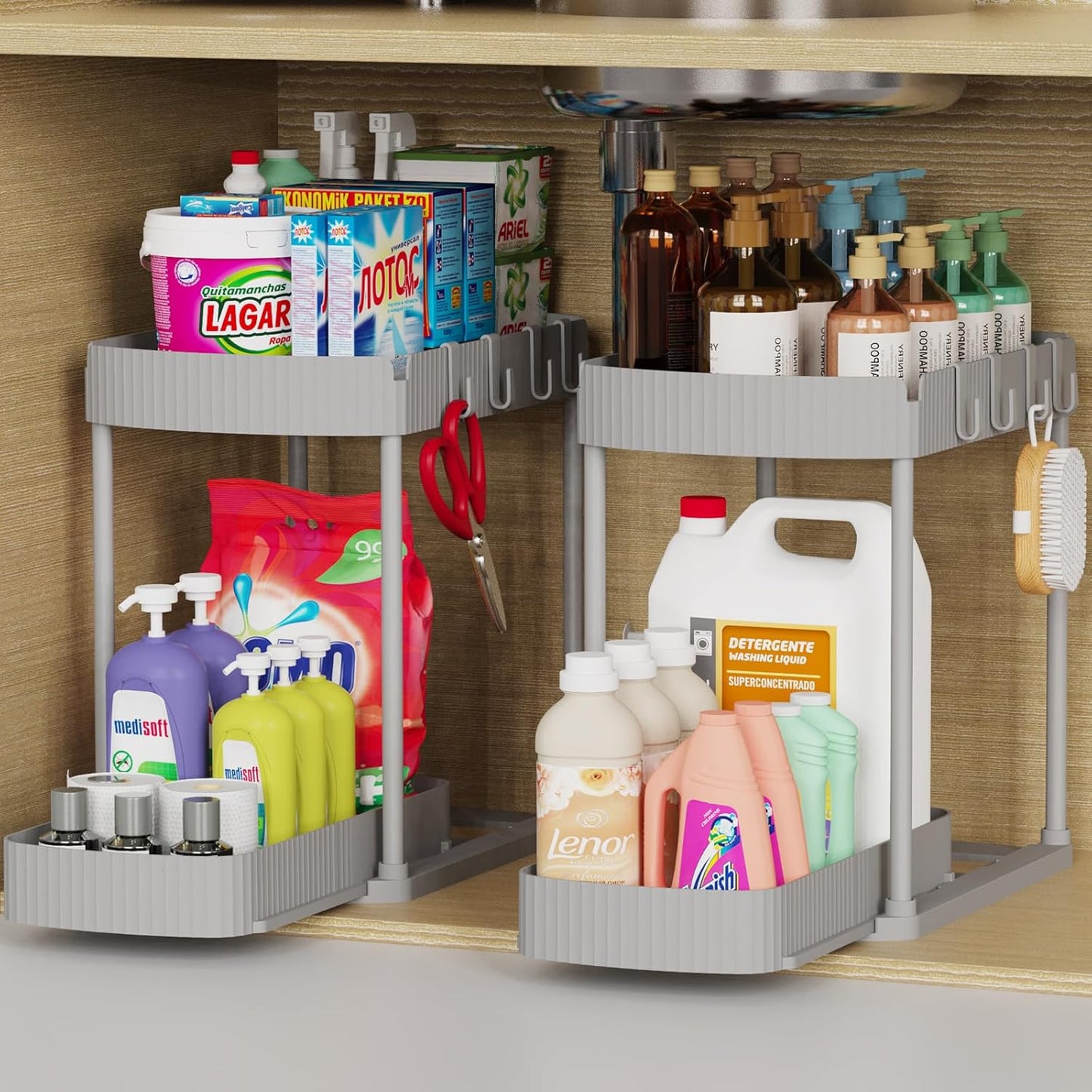 Ukeetap Multi-Purpose Pull-Out Storage Organizers, Under Sink/Cabinet Organizers and Storage for Bathroom & Kitchen, Black, 12.8 Inches, 2 Packs