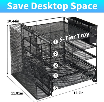 Desk Organizer, 5-Tier Paper Letter Tray Organizer with File Holder, Drawer and Pen Holder, Desktop Organizer for Office Supplies, Black