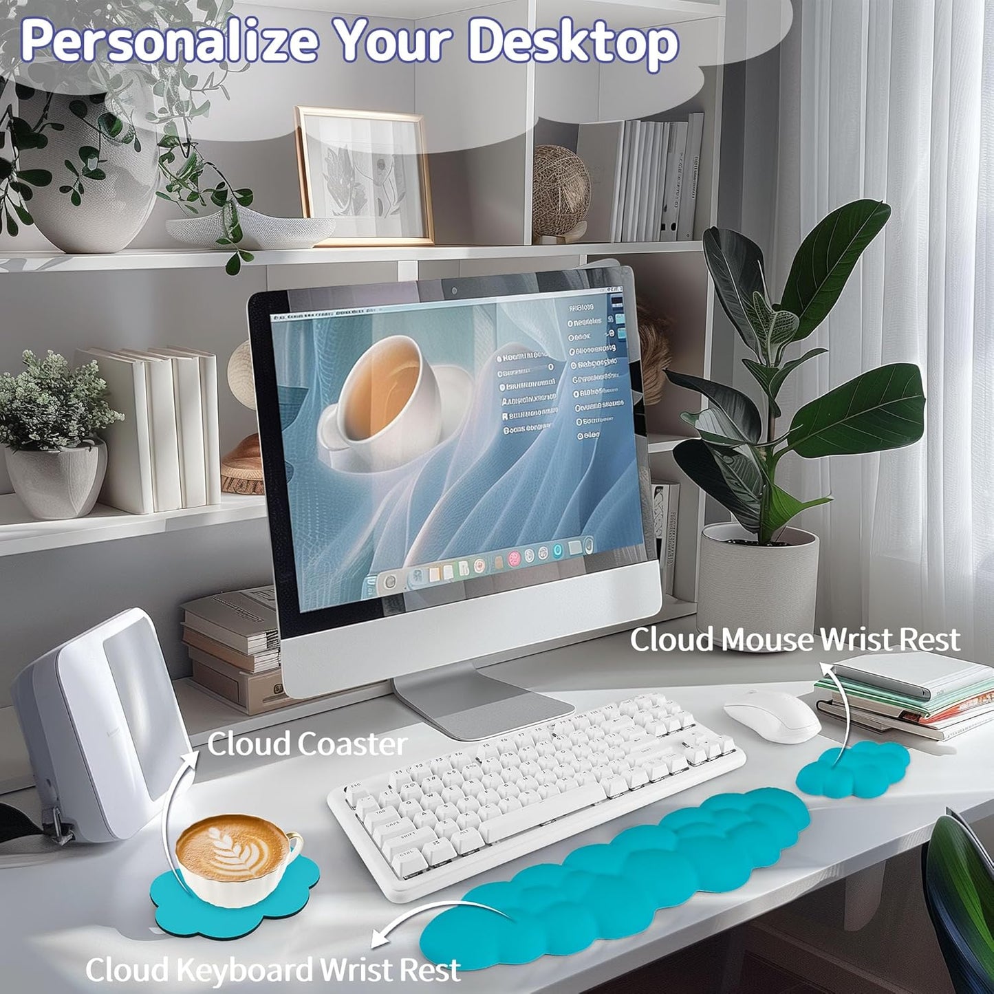 Sushret Cloud Wrist Rest Keyboard, Cloud Keyboard Wrist Pad Set with PU Leather Memory Foam, Cute Arm Rest for Palm Support, PC/Gaming Desk Accessories/Office Setup/Computer Hand Cushion - White