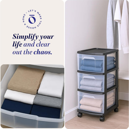 HOMZ Drawer Tower, 3-Tier Rolling Storage Cart with Removable Wheels, White Frame – Plastic Organizer with Clear Bin Drawers for Bedroom, Bathroom, Home Office, and Dorm Room