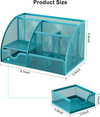 EasyPAG Mesh Desk Organizer with Drawer Multi-functional Pen Holder Stationery Organizer for Office School Supplies 6 Compartments Dorm Organizers and Storage for Desk, Black
