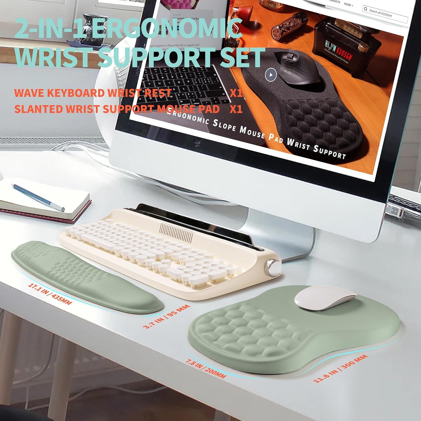 2-in-1 Ergonomic Set, Wave Rise Keyboard Wrist Rest and Massage Bulge Slope Mouse Pad Wrist Support, Cushion Memory Foam Integrated to Relieve Wrist Pain, Black