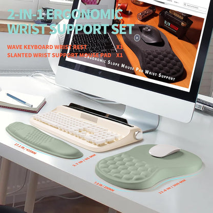 2-in-1 Ergonomic Set, Wave Rise Keyboard Wrist Rest and Massage Bulge Slope Mouse Pad Wrist Support, Cushion Memory Foam Integrated to Relieve Wrist Pain, Black